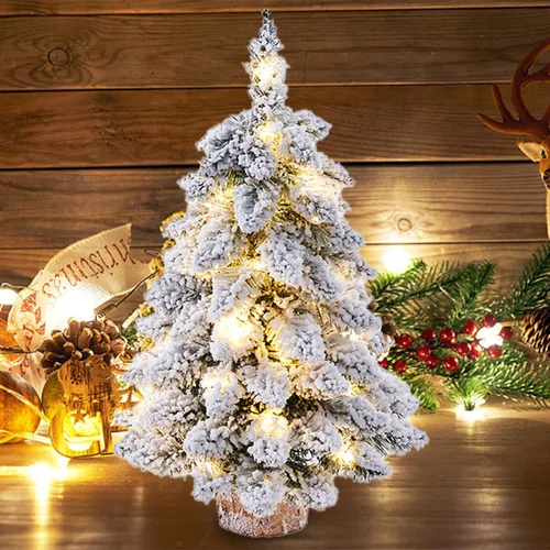 Vista 2 de Prelit - Mini árbol de Navidad artificial, árbol de Navidad de mesa flocado de 18 pulgadas con luces y base de madera, pino de Navidad