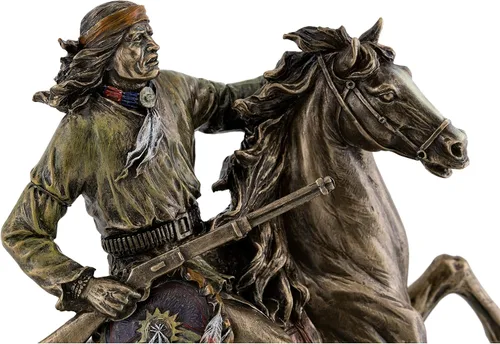 Vista 6 de Top Collection Geronimo - Estatua decorativa de guerrero nativo americano sobre caballo en bronce fundido en frío de primera calidad, figura india
