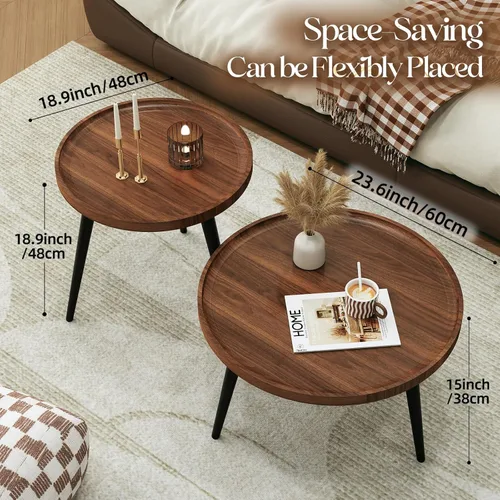 Vista 2 de 2 piezas de mesa de centro moderna de mediados de siglo, redonda para sala de estar, fácil de montar, mesas de centro anidables, mesa de centro
