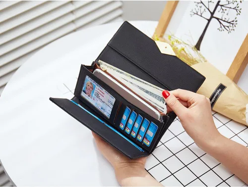 Vista 7 de Cartera de cuero suave para mujer, con tres pliegues y organizador de tarjetas