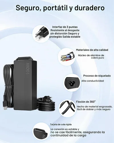 Vista 5 de Cargador universal USB-C para laptop de 100 W compatible con Lenovo, Acer, HP, Dell, MacBook, ASUS, Samsung, Google y más computadoras tipo C