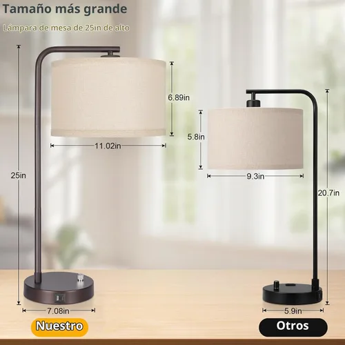 Vista 2 de Juego de 2 lámparas de mesa, lámpara de mesita de noche completamente regulable con puertos de carga USB C+A, lámparas modernas de noche
