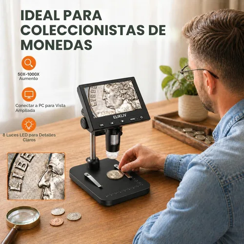 Vista 8 de Elikliv Microscopio para monedas, microscopio digital LCD de 4.3 pulgadas, 1000x, lupa de monedas con 8 luces LED ajustables, vista de PC compatible