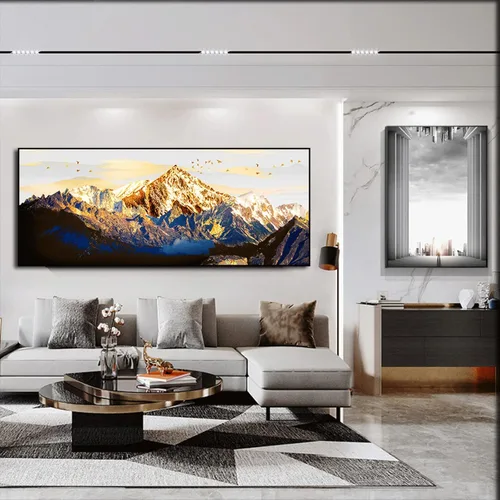 Vista 3 de Imprimir sobre lienzo. Cartel de la naturaleza Cuadros abstracta del paisaje de la montaña de la nieve del oro. Impresiones en lienzo Arte