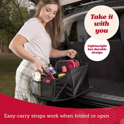 Vista 7 de Lusso Gear Organizador de asiento de automóvil, portavasos integrados y bolsillos de malla, organizador plegable para asiento trasero con asas