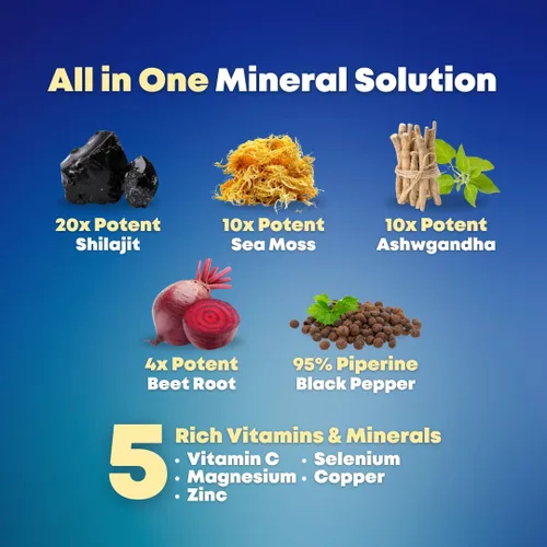 Vista 5 de Shilajit Cápsulas orgánicas puras del Himalaya con musgo marino irlandés, Ashwagandha, cobre, raíz de remolacha, suplemento de minerales de ácido