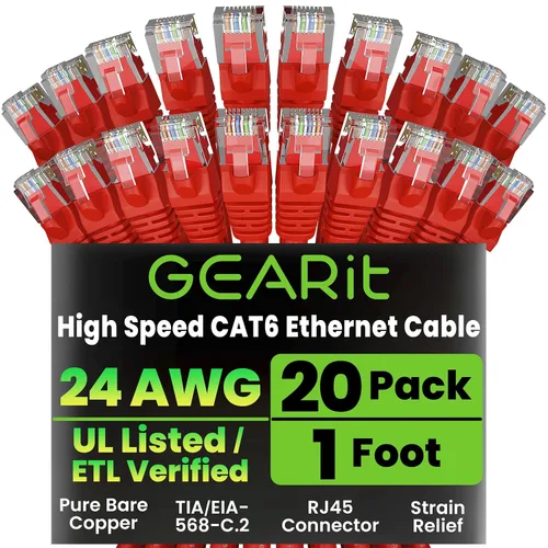 Vista 27 de GEARit Paquete de Cables Ethernet Cat 6 - Paquete de 20 Cables de Conexión Ethernet Cat6 de 1 pie Cable de Conexión de Red RJ45, Conectores