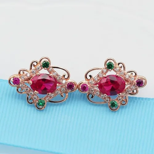 Vista 2 de SAGEKING 2024 New 585 Purple Gold Plated 14K Rose Gold Green Crystal Inlaid Exquisite Rhombus Ruby Earrings For Women Luxury New Wedding Jewelry