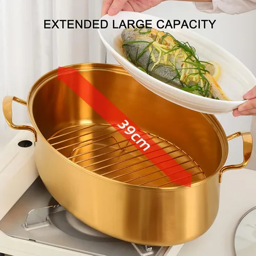 Vista 4 de Vaporizador de pescado de acero inoxidable, olla ovalada multiusos con estante, sartén de cerámica, portabrocas para cocinar pescado al vapor, sopa