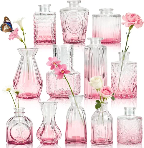 Vista 12 de Der Rose Juego de 12 jarrones de vidrio ámbar, pequeños jarrones para flores, centros de mesa rústicos de boda y decoración del hogar