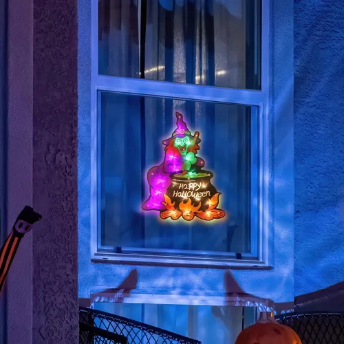 Vista 4 de Decoración de silueta de ventana de Halloween con 20 luces LED, decoración de Halloween (bruja)