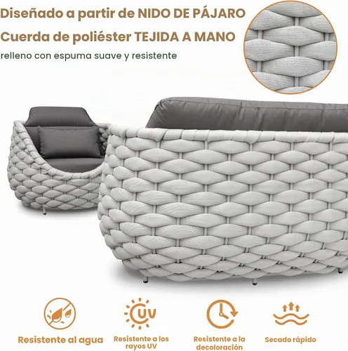 Vista 3 de Juego de muebles de patio de cuerda de 4 piezas: conjunto de sofás al aire libre de aluminio acolchado - sofá de conversación moderno ensamblado