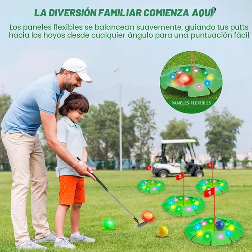 Vista 2 de Juego de golf iluminado VATOS - Mini juguete de golf con brillo con 4 agujeros LED, 4 bolas (2 brillantes), putter extensible, construye tu propio