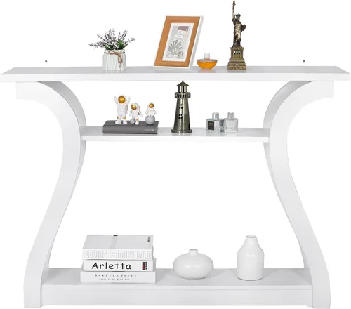 Vista 9 de Mesa consola de madera de 47 pulgadas, mesa auxiliar larga de 3 niveles con patas curvas, mesa de sofá estrecha para pasillos, salas de estar