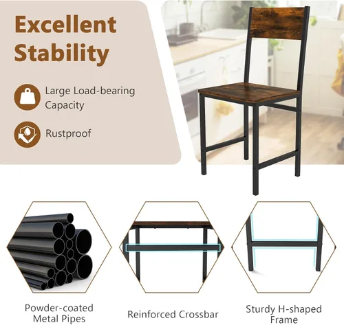 Vista 8 de Giantex Juego de 2 sillas de comedor, sillas de cocina industriales con patas de metal, respaldo inclinado, veta de madera rústica, sillas laterales