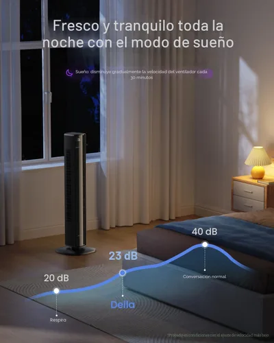 Vista 5 de Della 42" Ventilador de torre inteligente, ventilador de enfriamiento ultra silencioso de 23dB con 12 velocidades, oscilación de 90°, flujo de aire