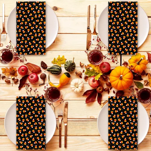 Vista 7 de Whaline Servilletas desechables para invitados de Halloween de 4.3 x 7.8 pulgadas, servilletas desechables de maíz caramelo naranja y negro