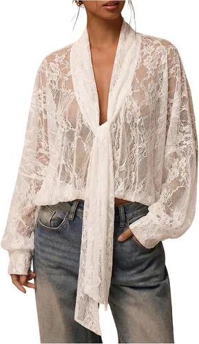 Vista 18 de SOLY HUX Blusa de encaje para mujer, manga larga, malla transparente con lazo frontal Marrón (pure brown)
