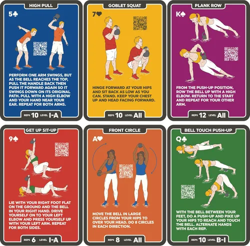 Vista 3 de Tarjetas de ejercicio Stack 52 con pesa rusa. Juego de cartas para entrenamiento de peso corporal. Incluye instrucciones en video. Aprende