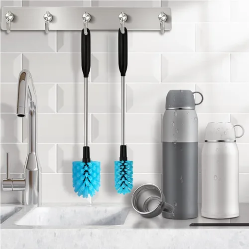 Vista 6 de Cepillo para botella de agua de acero inoxidable de mango largo 2 en 1, cepillo multiusos para limpiar botellas, cepillo suave para botellas