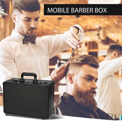 Vista 5 de Estuche de peluquero portátil para cortapelos y suministros, doble capa grande, herramientas de viaje, caja organizadora, kit de peluquería Negro