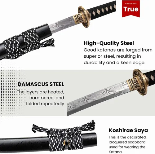 Vista 4 de Espada Katana KAWANO, espada japonesa de Damasco de acero plegable hecha a mano, espada samurái de lama completa funcional, mango de Rayskin real