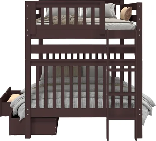 Vista 7 de Bedz King Literas de estilo misión matrimonial sobre completo con escalera de extremo y 2 cajones debajo de la cama, color cereza oscuro