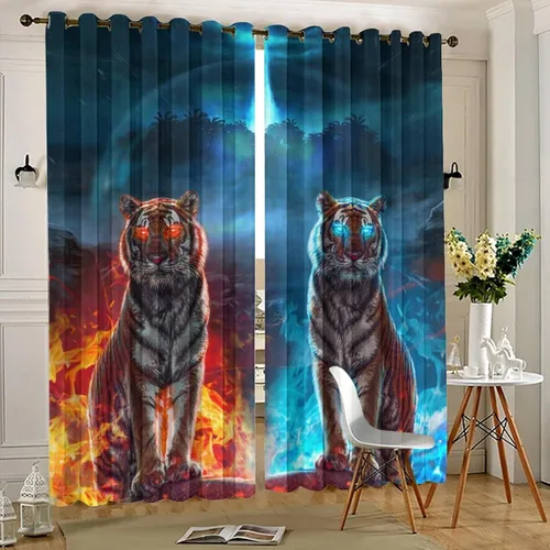 Vista 5 de Cool King of The Forest - Cortinas opacas con diseño de tigre anime, fantasía, animal, fuego, tigre, hielo, con ojales, ahorro de energía, 2