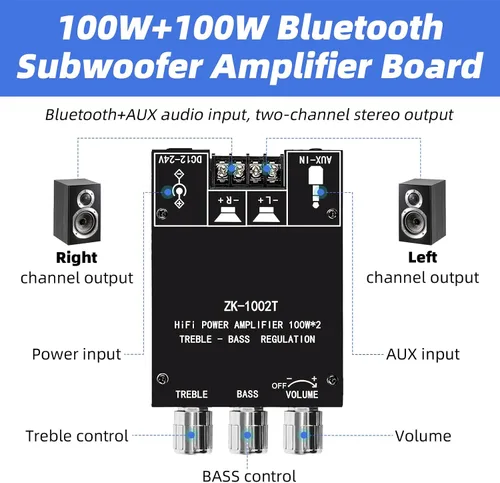 Vista 5 de ZK-1002T Placa de amplificador estéreo Bluetooth 5.0, módulo de mini amplificador de audio de 200 W HiFi de 2.0 canales con control de agudos