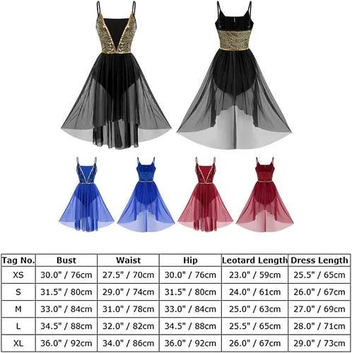 Vista 7 de ODASDO Vestido de baile con lentejuelas brillantes para mujer, con tirantes delgados, malla alta y baja, de tul lírica, moderno, contemporáneo