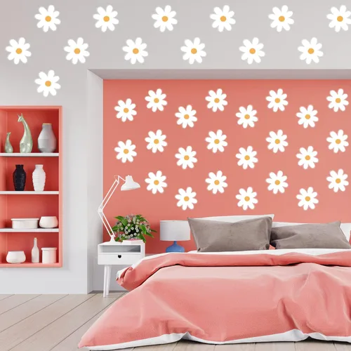 Vista 4 de 36 calcomanías de pared florales de margaritas blancas para niños, guardería, aula, sala de estar