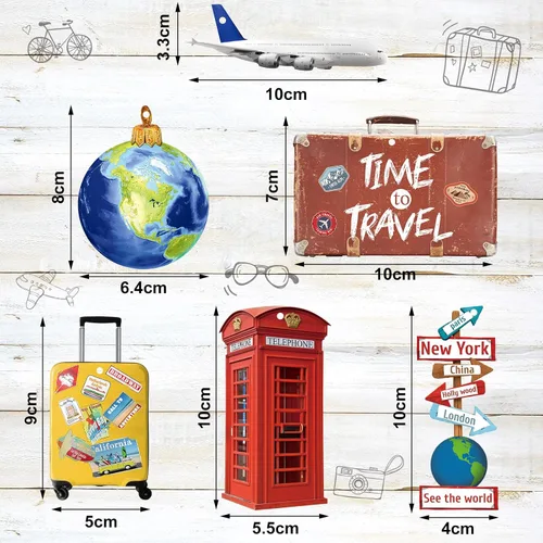 Vista 2 de 36 Piezas de Adornos Navideños Travelers Planet de Madera Globo Terráqueo Maleta Equipaje Barco Crucero Cabina Telefónica Letreros del Mundo Avión