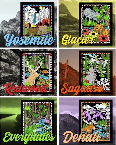 Vista 2 de National Parks - Póster difuso para colorear, paquete de 6 (ideal para niños, adultos, actividades grupales y más), llega sin color, Yosemite