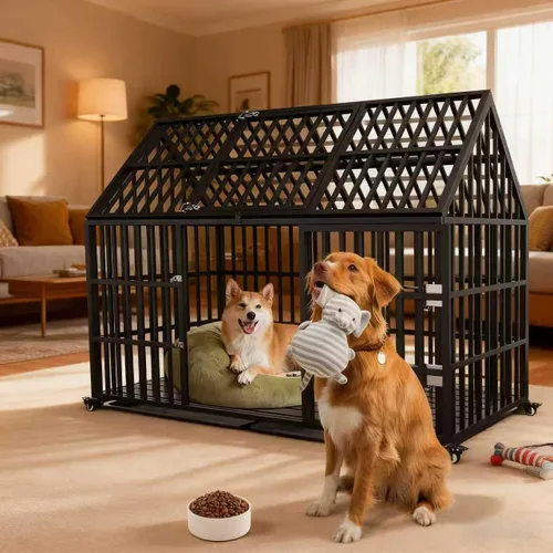 Vista 5 de Jaula de alta resistencia para perros grandes, 58 pulgadas extra grande para interiores, jaula de techo para perros con alta ansiedad