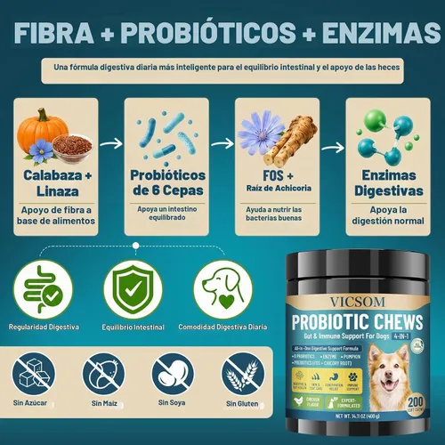 Vista 5 de Probióticos para perros, 200 probióticos suaves masticables para perros, salud digestiva, salud intestinal y sistema inmunológico, con 6 probióticos