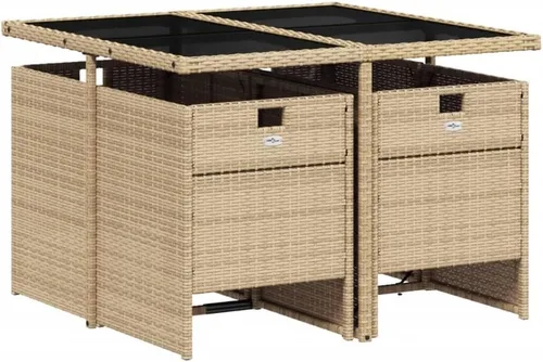 Vista 3 de 5-Piece Patio Dining Set with Cushions Beige Poly Rattan Foldable Chairs Tempered Glass Table for Outdoor Garden Balcony Furniture