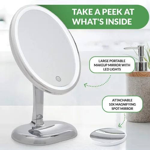 Vista 4 de Espejo de maquillaje personal ovalado con luces, espejo de aumento para mesa, espejo de maquillaje LED, espejo giratorio de viaje de 360 grados