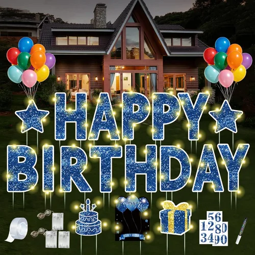 Vista 12 de Letrero de feliz cumpleaños con estacas, 18 piezas de letrero negro de feliz cumpleaños con luz LED de 49.2 pies, letrero grande personalizado