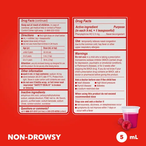 Vista 7 de Sudafed Descongestionante Nasal PE Para Niños, Medicina Líquida para el Alivio del Resfriado con Fenilefrina HCl, Sin Alcohol y Sin Azúcar, Sabor a