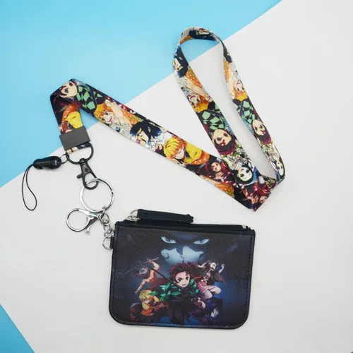 Vista 3 de Demon Anime Tanjiro & Nezuko - Cartera con cordón y llavero, tarjetero para tarjetas de identificación, bolsa con cordón, funda para el cuello