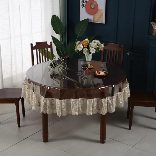 Vista 13 de Mantel rectangular de plástico transparente de vinilo impermeable, borde de encaje bordado, mantel transparente para comedor, cocina al aire libre