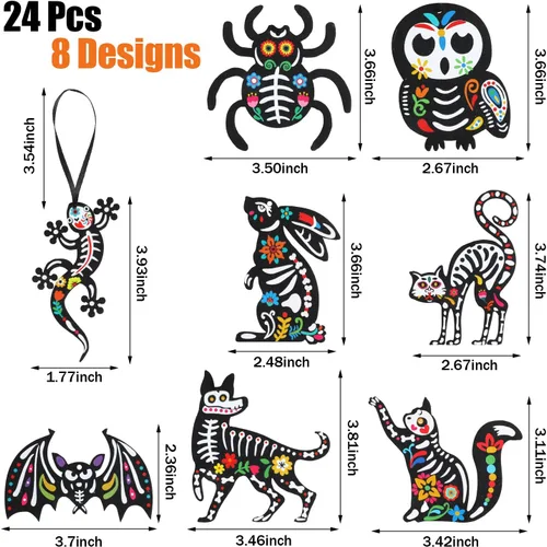 Vista 2 de CCINEE 24Pcs Dia De Los Muertos Felt Ornaments, Mexcian Skeleton Halloween Ornaments for Day of The Dead Themed Party School Bags Indoor Outoor Tree