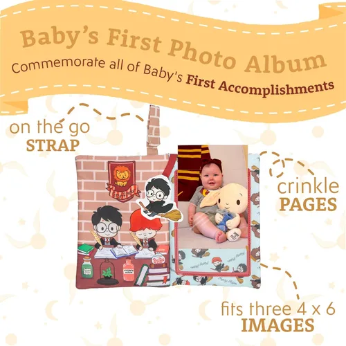 Vista 3 de Kids Preferred Harry Potter Álbum de recuerdos de fotos de bebé arrugado suave libro sensorial con capacidad para 3 fotos de 4 x 6 pulgadas con tela