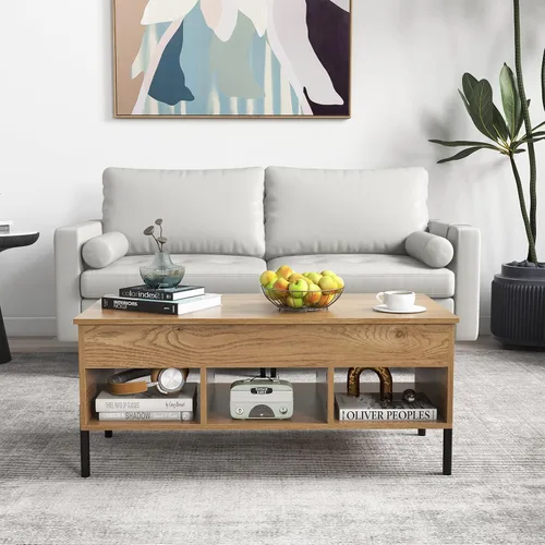 Vista 8 de Giantex Mesa auxiliar elevable, mesa rectangular de madera con compartimento oculto y estantes de almacenamiento abiertos, mesa central moderna