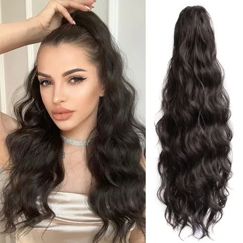 Vista 25 de Extensión de cola de caballo de garra negra natural ondulada de 16 pulgadas, extensiones de cabello sintético rizado con clip, extensiones