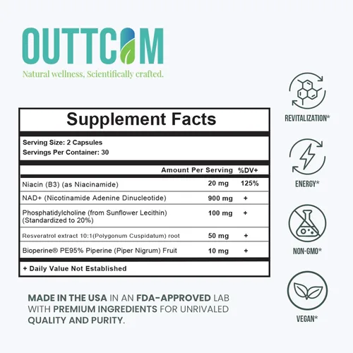 Vista 4 de Suplemento liposomal NAD+ de 900 mg — Resveratrol, B12, fosfatidilcolina y bioperina 60 cápsulas veganas Energía celular, enfoque