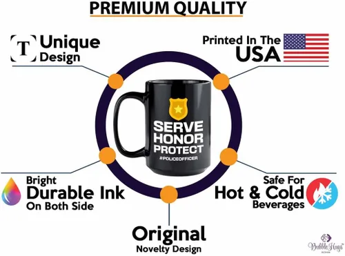 Vista 2 de Taza de café Policeman de 15 onzas, color negro, servir. Honor. Protege, suministros para fiestas de policía, agente de policía, policía
