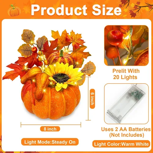 Vista 4 de Temporizador y preiluminado: decoraciones de Acción de Gracias, calabaza, calabaza artificial con hojas de arce, girasol, bayas, 20 luces LED