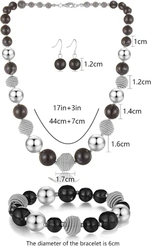 Vista 5 de PEARL&CLUB Juego de collar y aretes gruesos con cuentas de metal plateado, joyería de moda para el día de la madre para mujer, Resina Metal