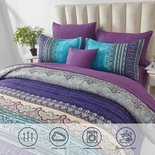 Vista 4 de Cottolester - Juego de edredón bohemio de tamaño matrimonial, 8 piezas, ropa de cama de microfibra suave en una bolsa, rayada y de color aguamarina